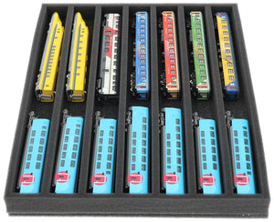FS035A001 Foam inlay N-gauge - horizontal - 7 slots for model railway locomotives, wagons and vehicles