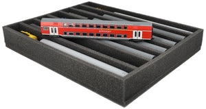 FS050A004 Foam inlay TT Scale - upright - 7 slots for model railway locomotives, wagons, and vehicles