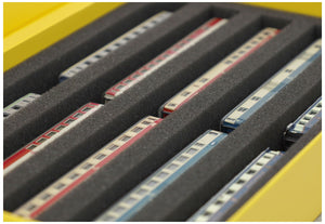 Feldherr Magnetic Box yellow for model railway locomotives, wagons and vehicles - 5 slots for Z Gauge - horizontal