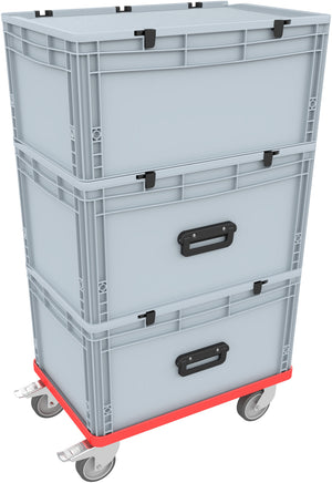Compact trolley with rubber wheels red and wheel stop for Euro Container up to 600 mm x 400 mm