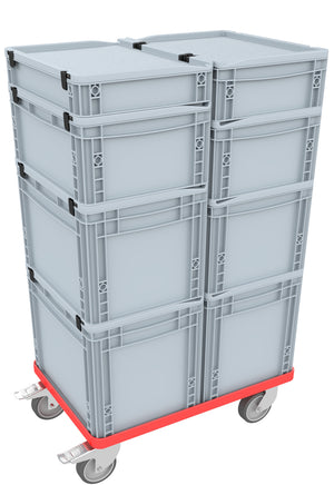 Compact trolley with rubber wheels red and wheel stop for Euro Container up to 600 mm x 400 mm