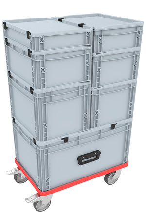 Compact trolley with rubber wheels red and wheel stop for Euro Container up to 600 mm x 400 mm
